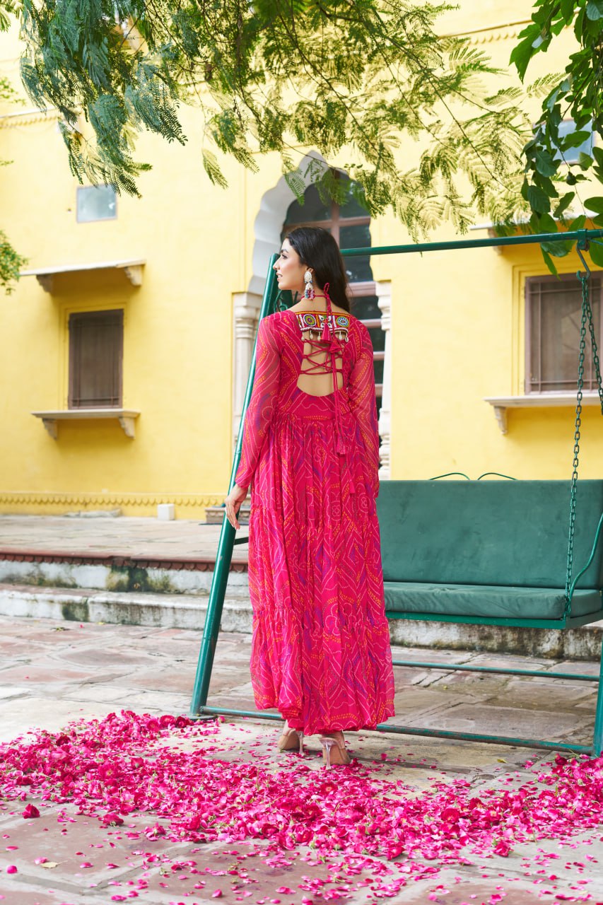 Pink Bandhani Print Faux Georgette Gown with Kutchi Patchwork – Full Sleeves, 9 Meter Flair, Cotton Lining ClothsVilla