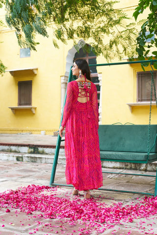Pink Bandhani Print Faux Georgette Gown with Kutchi Patchwork – Full Sleeves, 9 Meter Flair, Cotton Lining ClothsVilla