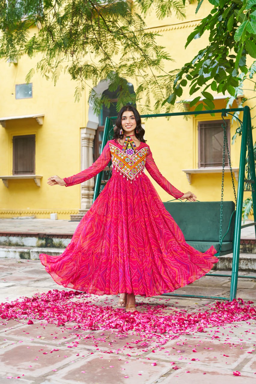 Pink Bandhani Print Faux Georgette Gown with Kutchi Patchwork – Full Sleeves, 9 Meter Flair, Cotton Lining ClothsVilla