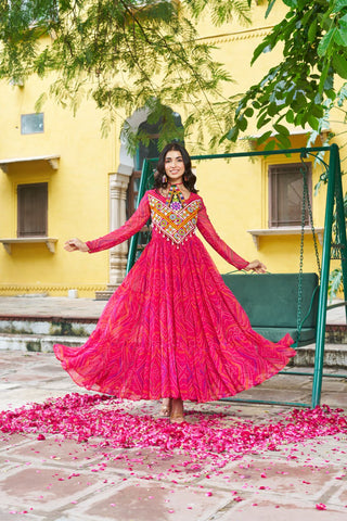 Pink Bandhani Print Faux Georgette Gown with Kutchi Patchwork – Full Sleeves, 9 Meter Flair, Cotton Lining ClothsVilla