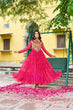 Load image into Gallery viewer, Pink Bandhani Print Faux Georgette Gown with Kutchi Patchwork – Full Sleeves, 9 Meter Flair, Cotton Lining ClothsVilla
