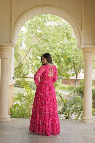 Pink Bandhani Print Gown with Patchwork ClothsVilla