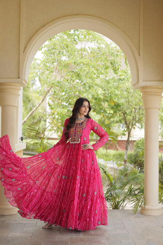Pink Bandhani Print Gown with Patchwork ClothsVilla