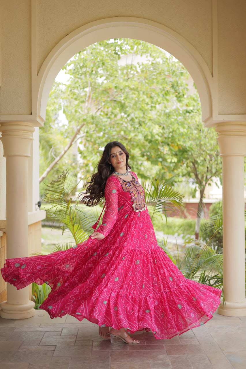 Pink Bandhani Print Gown with Patchwork ClothsVilla