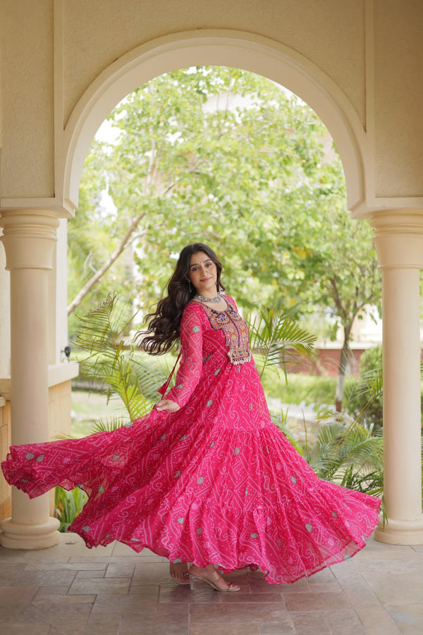 Pink Bandhani Print Gown with Patchwork ClothsVilla