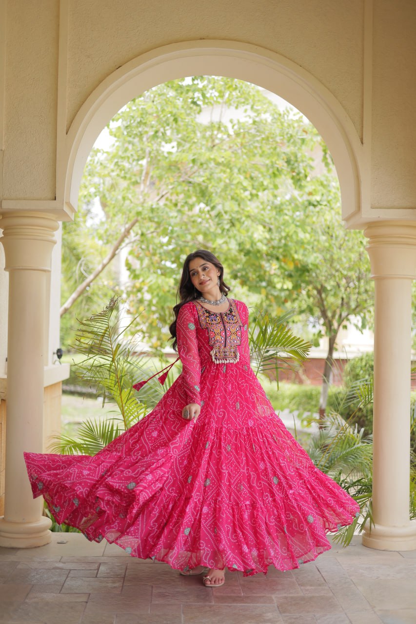Pink Bandhani Print Gown with Patchwork ClothsVilla
