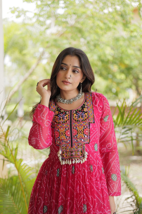 Pink Bandhani Print Gown with Patchwork ClothsVilla
