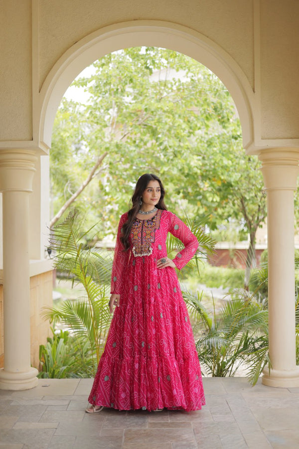 Pink Bandhani Print Gown with Patchwork ClothsVilla