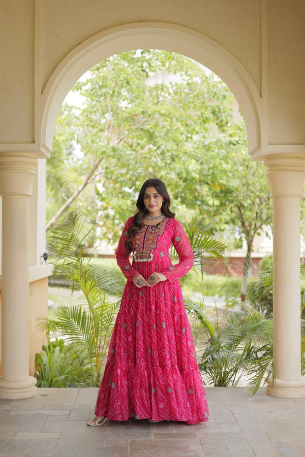 Pink Bandhani Print Gown with Patchwork ClothsVilla