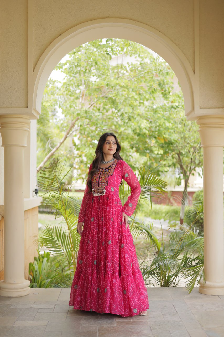 Pink Bandhani Print Gown with Patchwork ClothsVilla