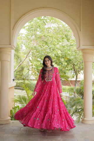 Pink Bandhani Print Gown with Patchwork ClothsVilla