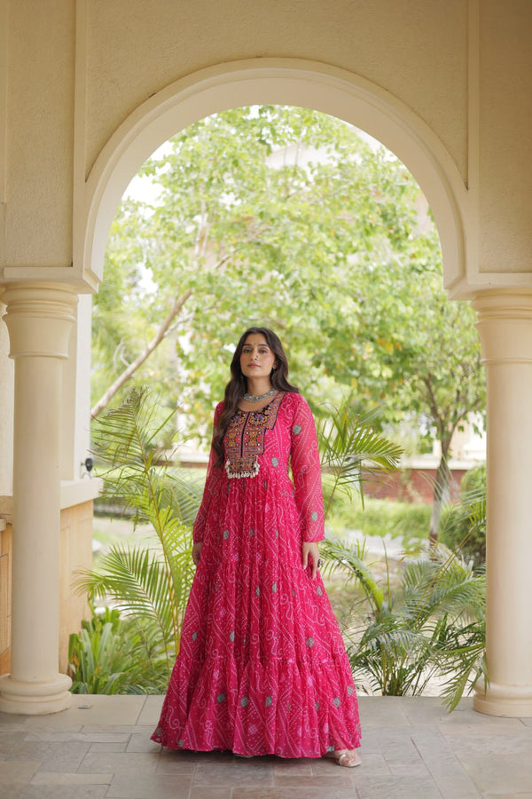 Pink Bandhani Print Gown with Patchwork ClothsVilla