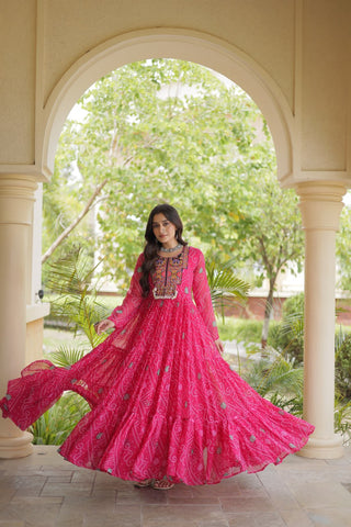 Pink Bandhani Print Gown with Patchwork ClothsVilla