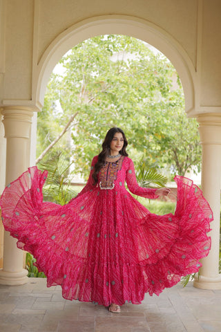 Pink Bandhani Print Gown with Patchwork ClothsVilla