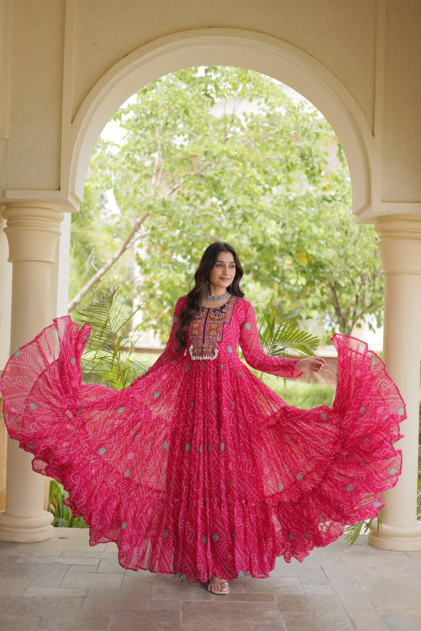 Pink Bandhani Print Gown with Patchwork ClothsVilla