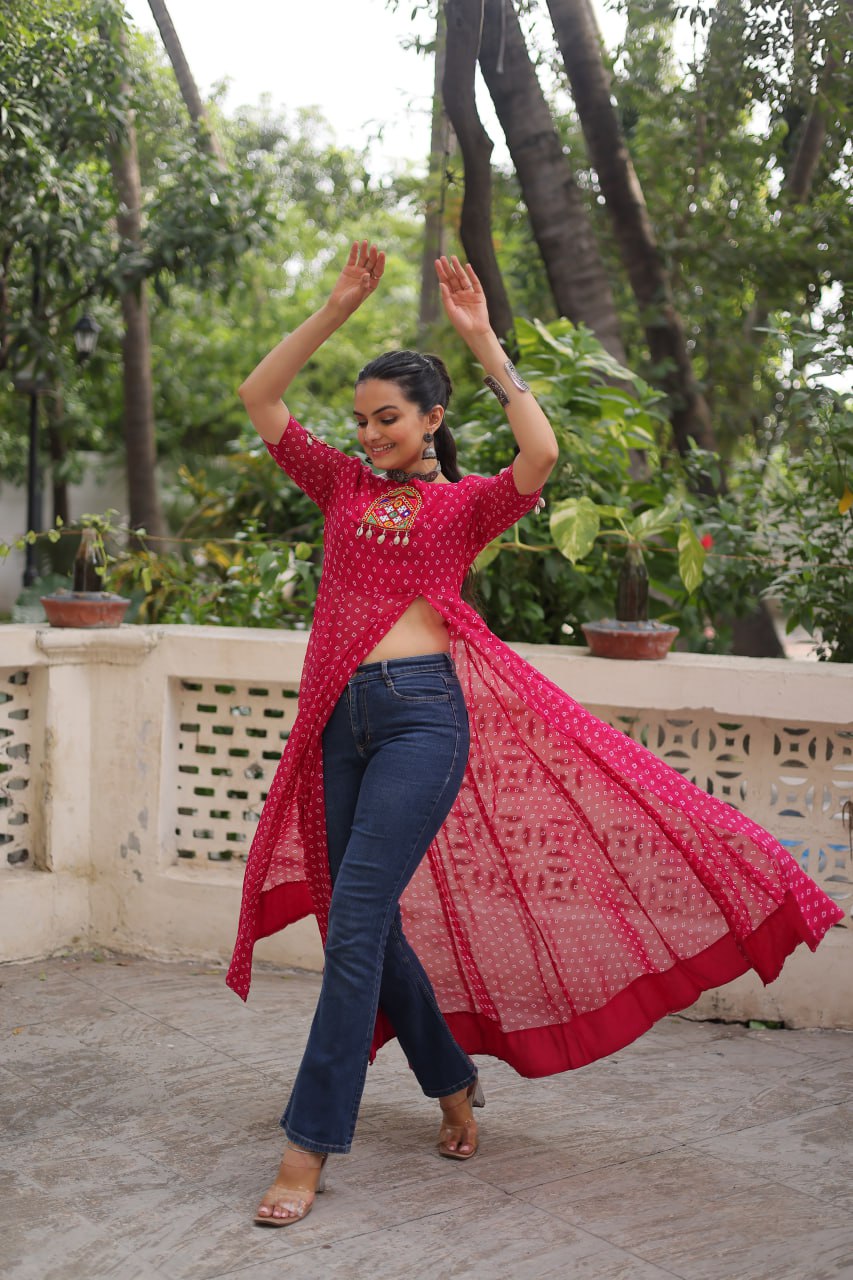 Pink Bandhani Print Kurti with Kutchi Patchwork Detailing ClothsVilla