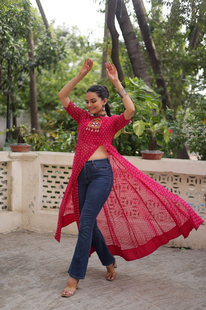 Pink Bandhani Print Kurti with Kutchi Patchwork Detailing ClothsVilla