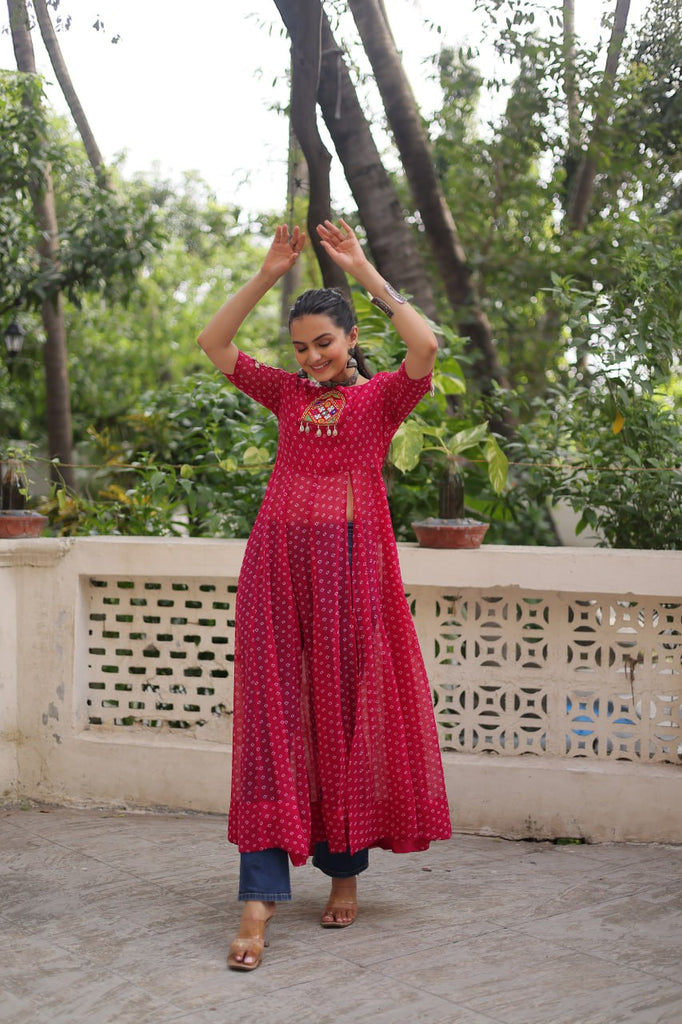 Pink Bandhani Print Kurti with Kutchi Patchwork Detailing ClothsVilla