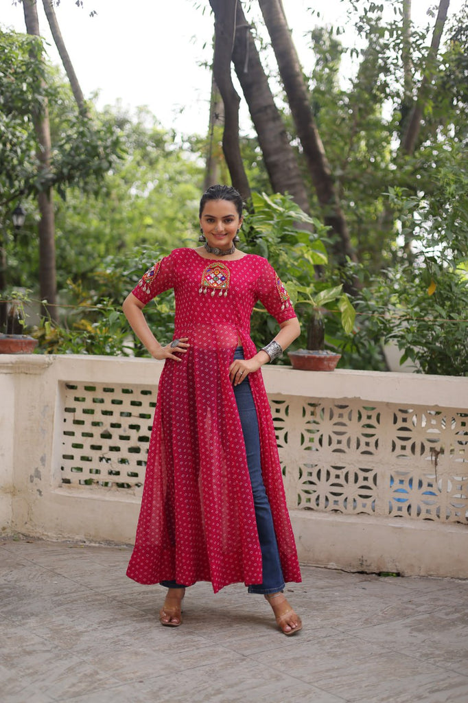 Pink Bandhani Print Kurti with Kutchi Patchwork Detailing ClothsVilla