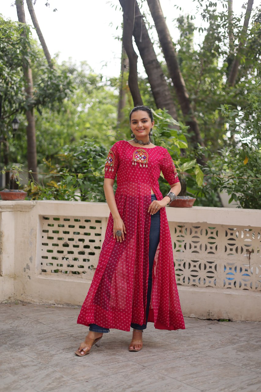 Pink Bandhani Print Kurti with Kutchi Patchwork Detailing ClothsVilla