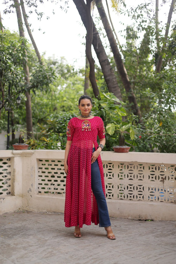 Pink Bandhani Print Kurti with Kutchi Patchwork Detailing ClothsVilla