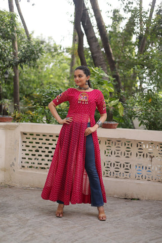 Pink Bandhani Print Kurti with Kutchi Patchwork Detailing ClothsVilla