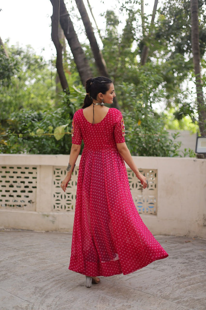 Pink Bandhani Print Kurti with Kutchi Patchwork Detailing ClothsVilla