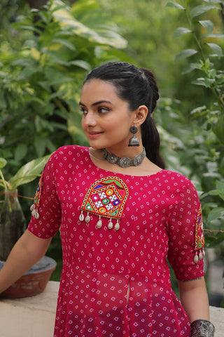 Pink Bandhani Print Kurti with Kutchi Patchwork Detailing ClothsVilla