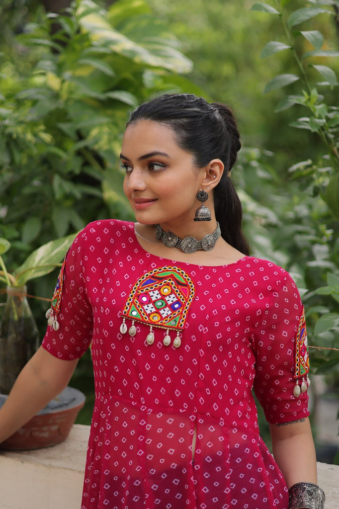 Pink Bandhani Print Kurti with Kutchi Patchwork Detailing ClothsVilla