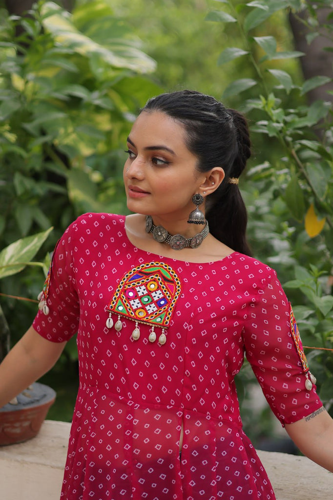 Pink Bandhani Print Kurti with Kutchi Patchwork Detailing ClothsVilla