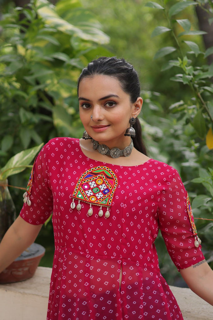 Pink Bandhani Print Kurti with Kutchi Patchwork Detailing ClothsVilla