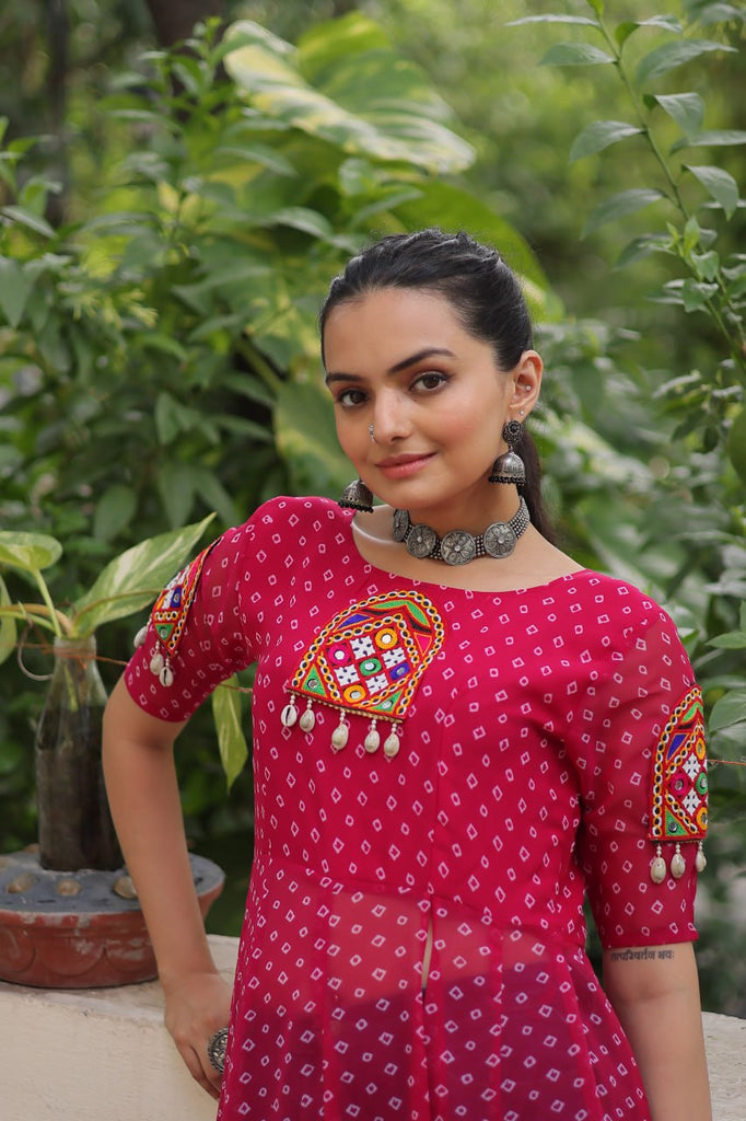 Pink Bandhani Print Kurti with Kutchi Patchwork Detailing ClothsVilla