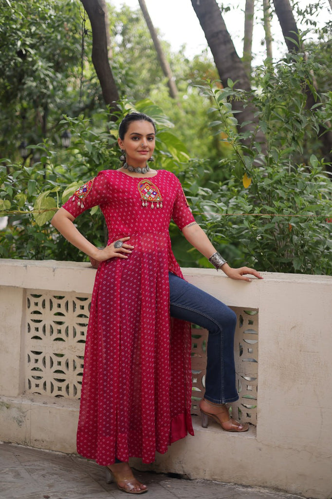 Pink Bandhani Print Kurti with Kutchi Patchwork Detailing ClothsVilla