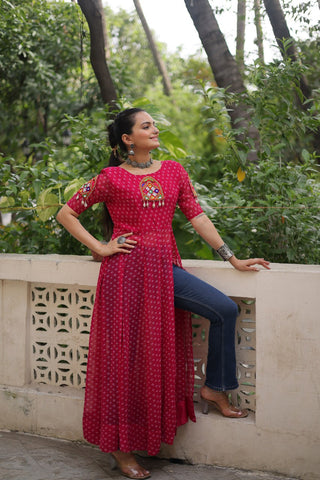 Pink Bandhani Print Kurti with Kutchi Patchwork Detailing ClothsVilla