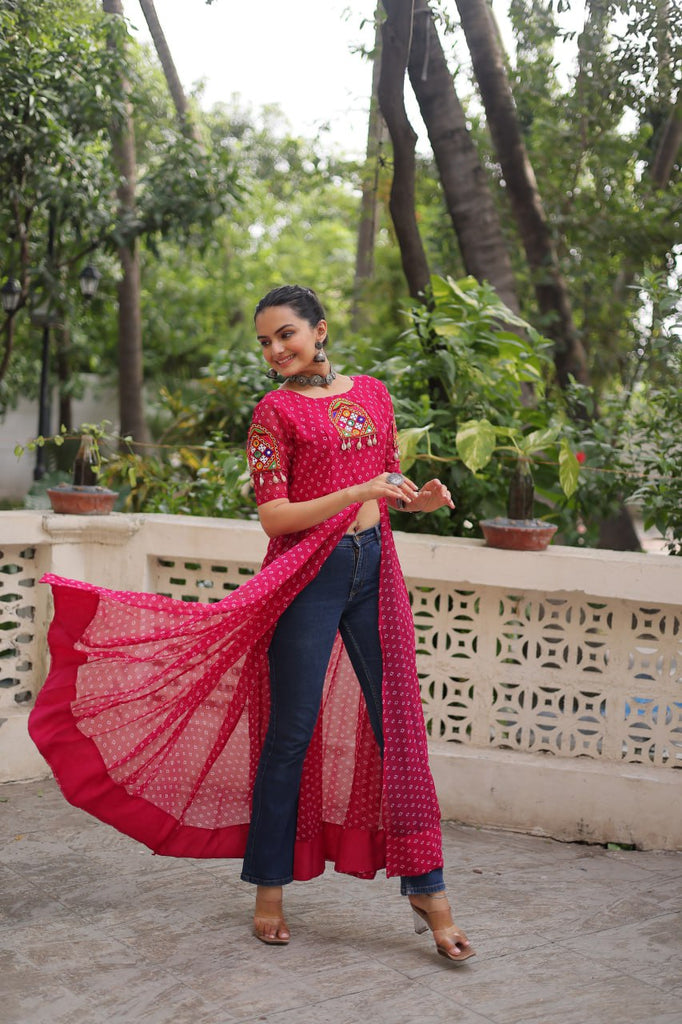 Pink Bandhani Print Kurti with Kutchi Patchwork Detailing ClothsVilla