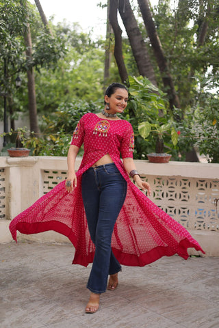 Pink Bandhani Print Kurti with Kutchi Patchwork Detailing ClothsVilla