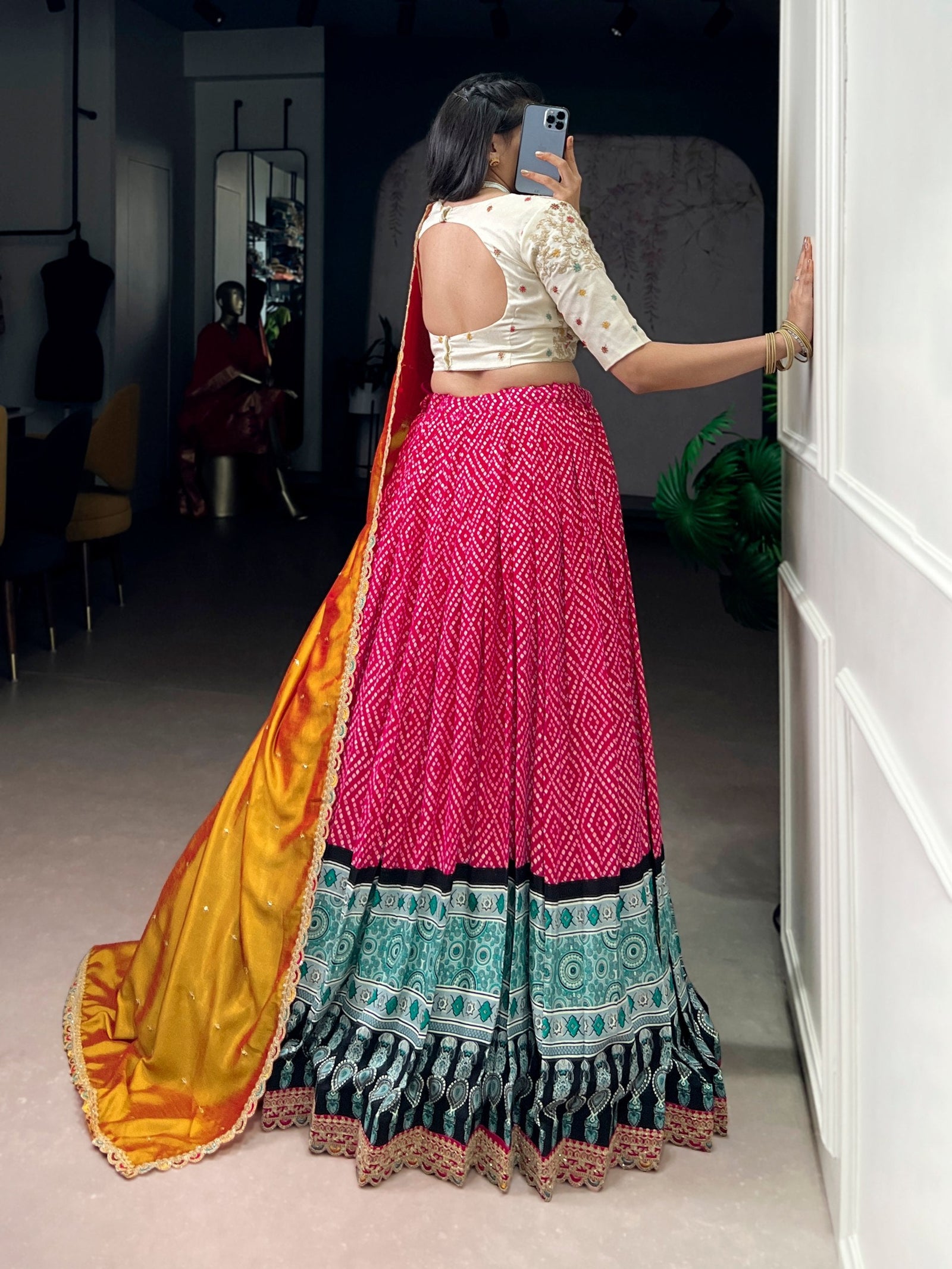 Pink Bandhej & Ajrakh Printed Lehenga Choli Set ClothsVilla