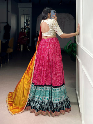 Pink Bandhej & Ajrakh Printed Lehenga Choli Set ClothsVilla