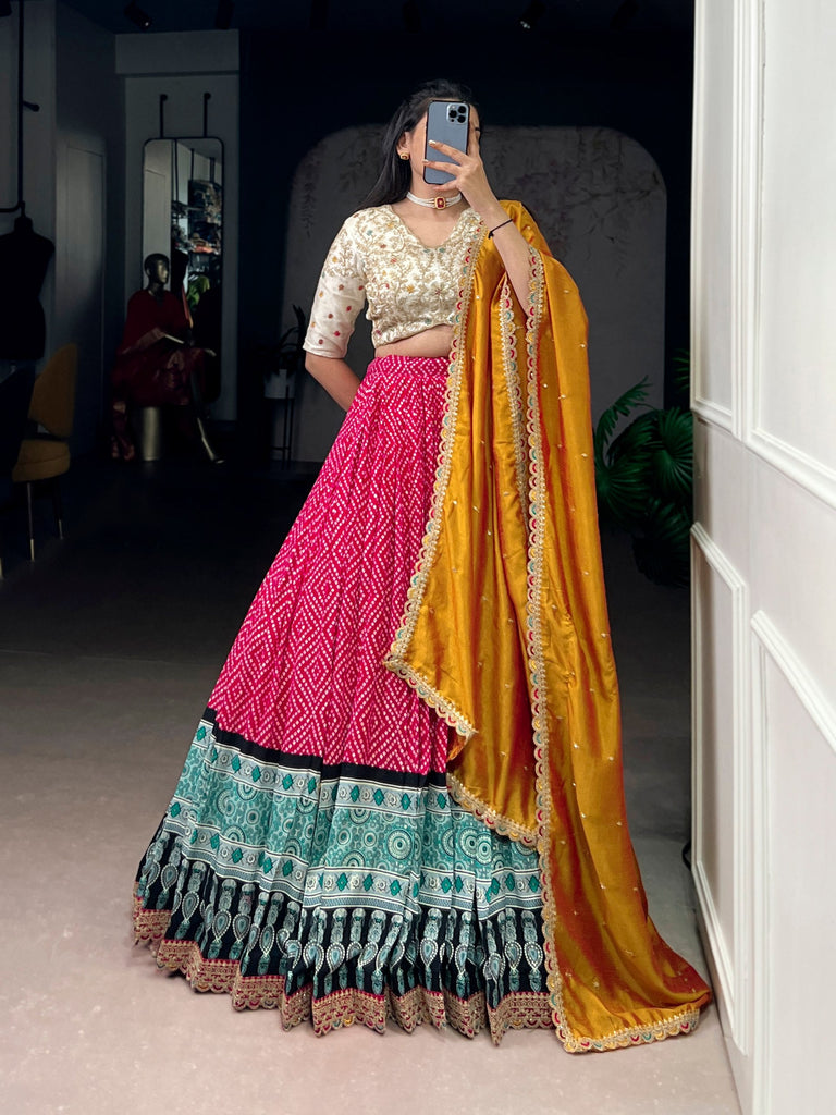 Pink Bandhej & Ajrakh Printed Lehenga Choli Set ClothsVilla