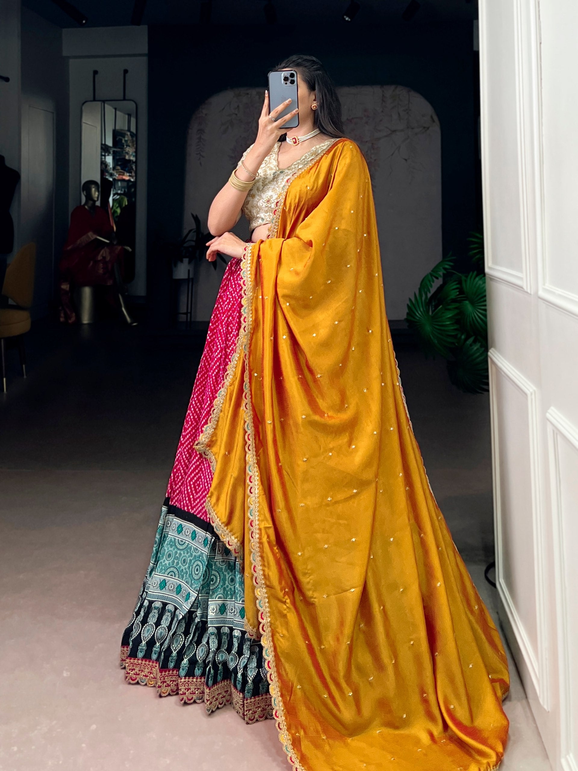 Pink Bandhej & Ajrakh Printed Lehenga Choli Set Secondary image
