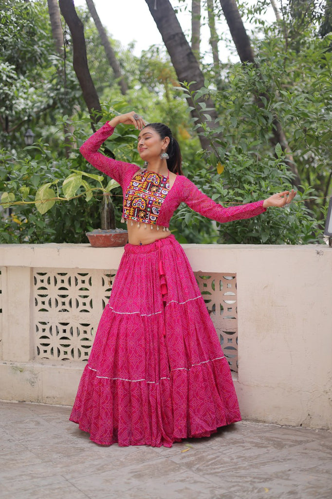 Pink Bandhej Print Faux Georgette Lehenga Choli Set with Gotta Patti & Gamthi Embroidery – Stitched ClothsVilla