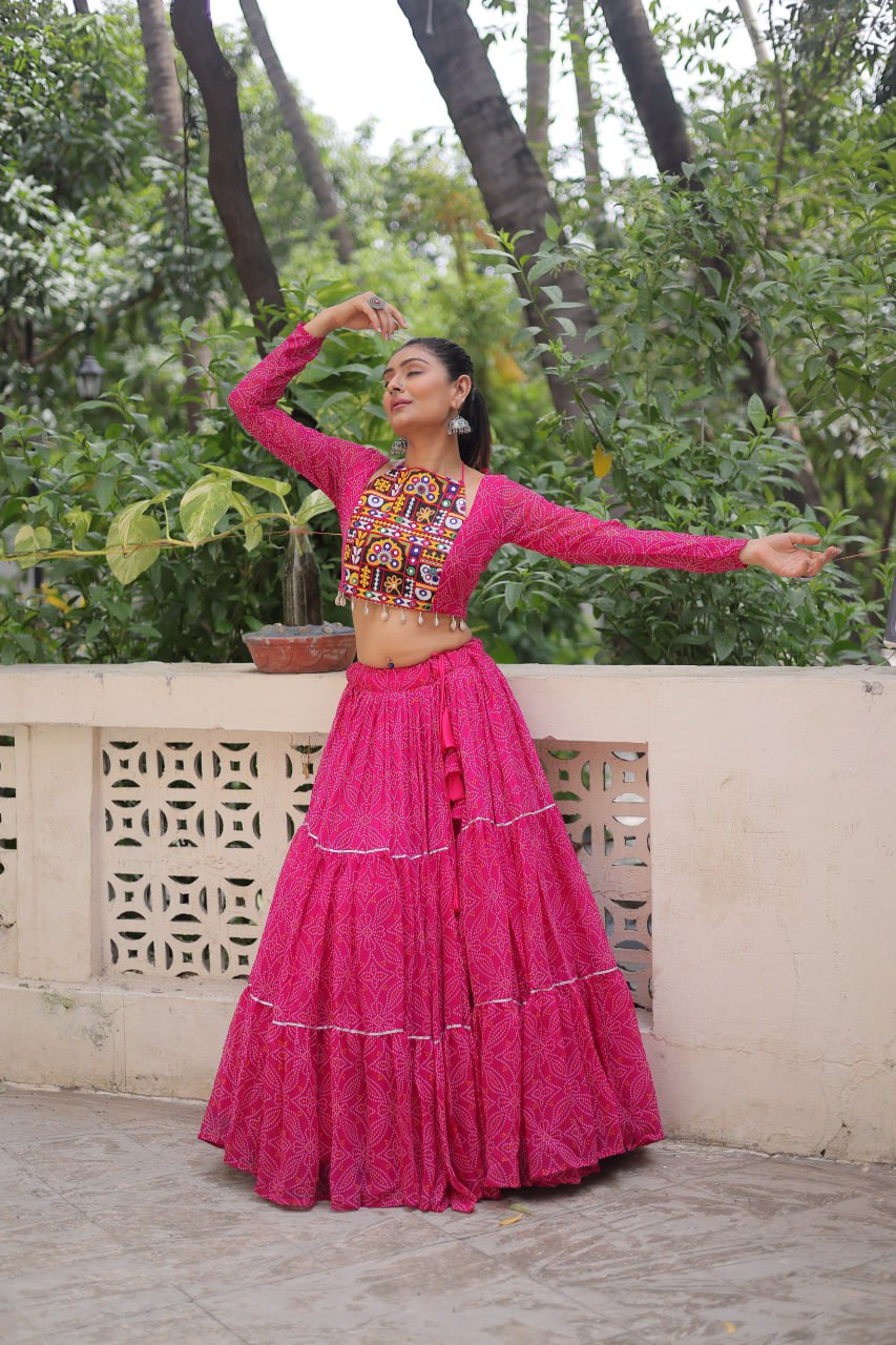 Pink Bandhej Print Faux Georgette Lehenga Choli Set with Gotta Patti & Gamthi Embroidery – Stitched ClothsVilla