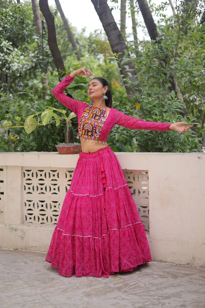 Pink Bandhej Print Faux Georgette Lehenga Choli Set with Gotta Patti & Gamthi Embroidery – Stitched ClothsVilla