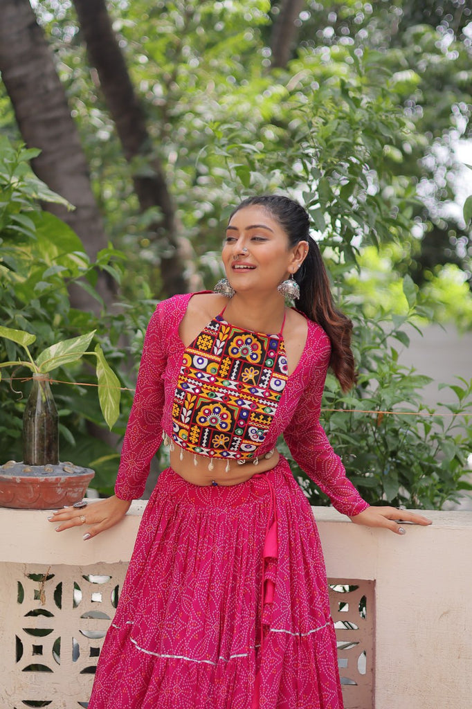 Pink Bandhej Print Faux Georgette Lehenga Choli Set with Gotta Patti & Gamthi Embroidery – Stitched ClothsVilla
