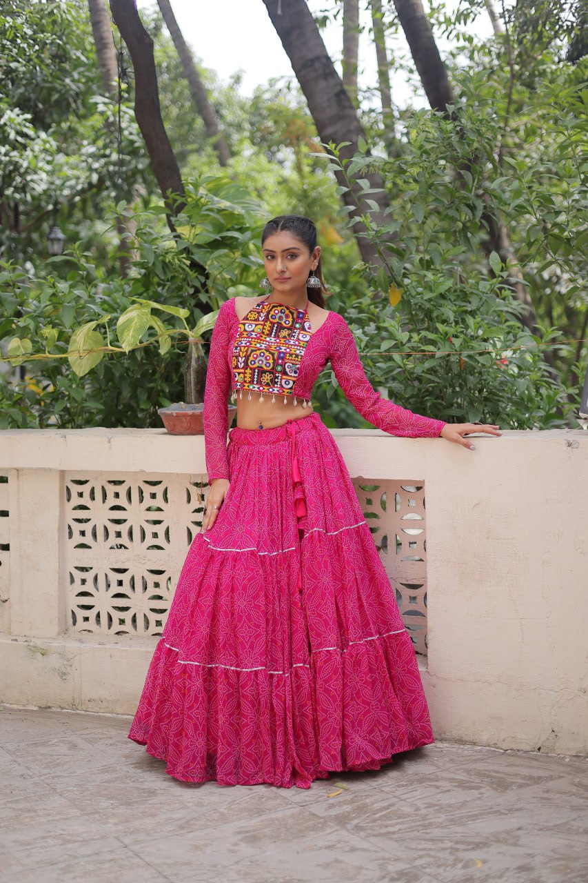 Pink Bandhej Print Faux Georgette Lehenga Choli Set with Gotta Patti & Gamthi Embroidery – Stitched ClothsVilla