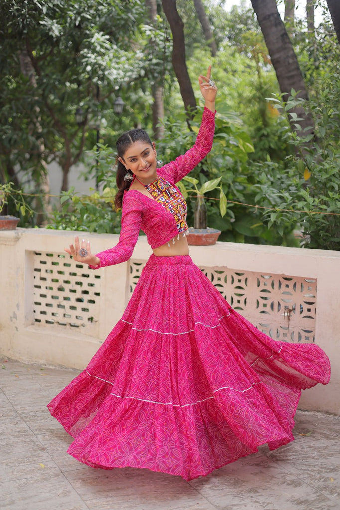 Pink Bandhej Print Faux Georgette Lehenga Choli Set with Gotta Patti & Gamthi Embroidery – Stitched ClothsVilla