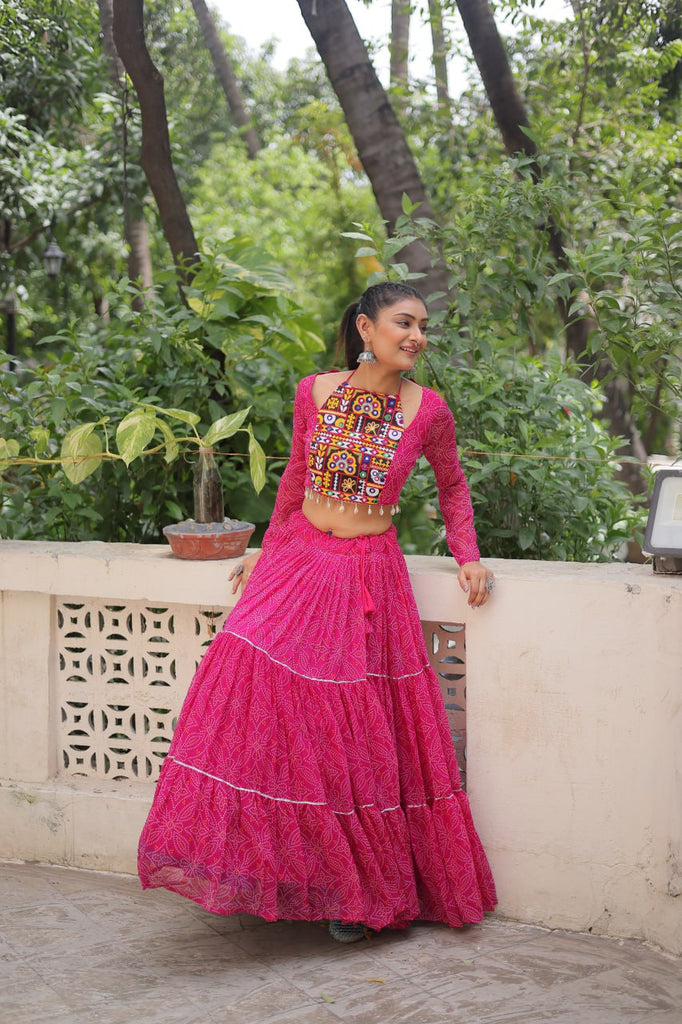 Pink Bandhej Print Faux Georgette Lehenga Choli Set with Gotta Patti & Gamthi Embroidery – Stitched ClothsVilla