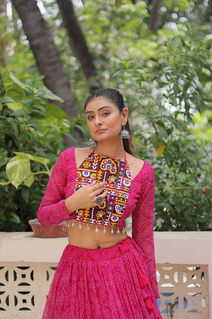 Pink Bandhej Print Faux Georgette Lehenga Choli Set with Gotta Patti & Gamthi Embroidery – Stitched ClothsVilla