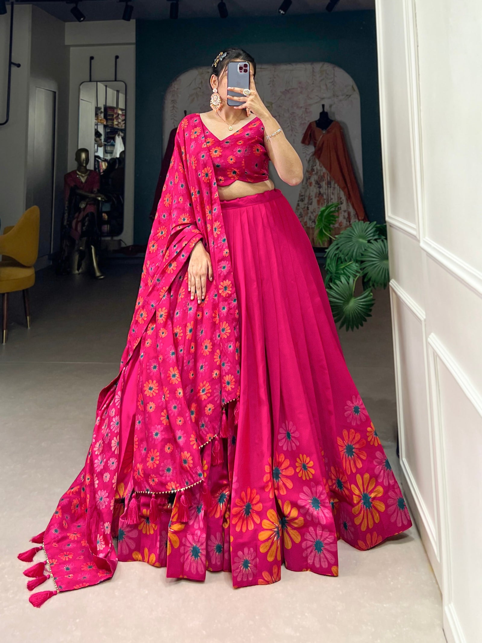 Pink Blossom Boldly Radiate Charm in Floral Printed Lehengas