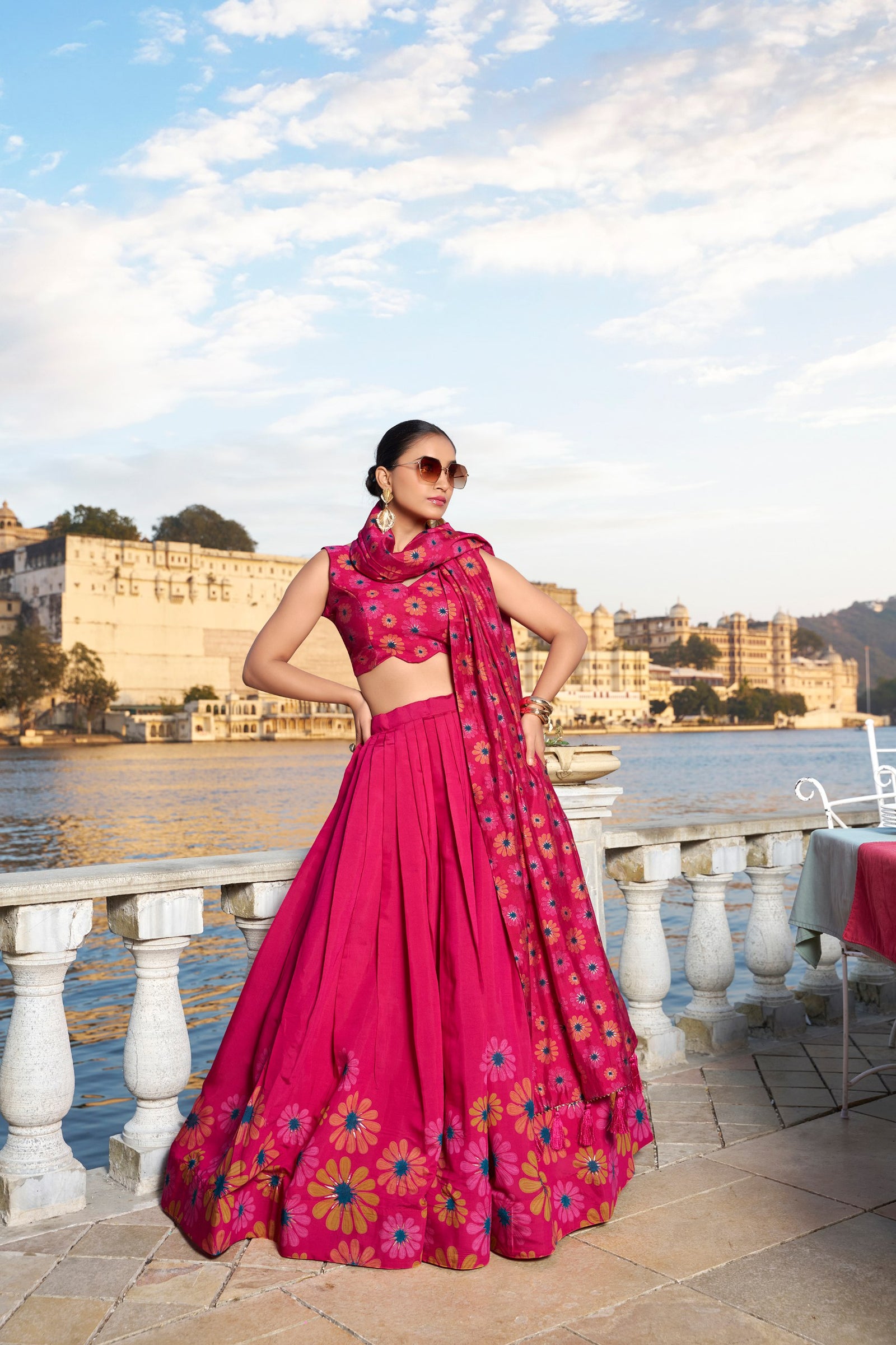 Pink Blossom Boldly Radiate Charm in Floral Printed Lehengas